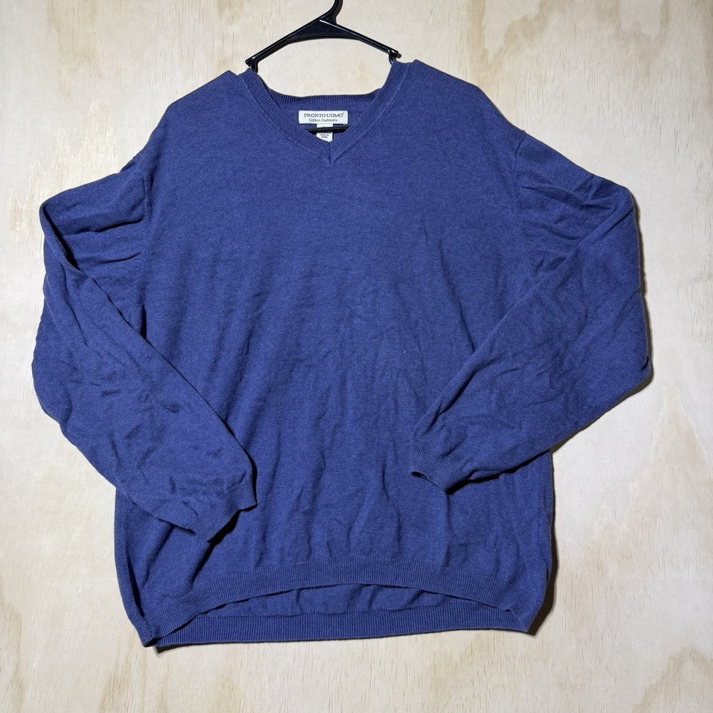 Pronto Uomo Mens XL Cotton Cashmere V Neck Sweater Blue Lightweight Pullover